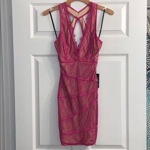 Arden B XS nude dress with pink lace overlay